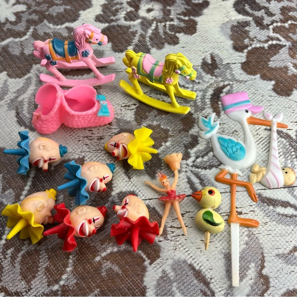 Lot Vintage Cake Cupcake Toppers Picks Decoration Clown Heads, Baby Shower, Kids